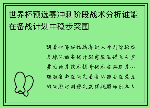 世界杯预选赛冲刺阶段战术分析谁能在备战计划中稳步突围