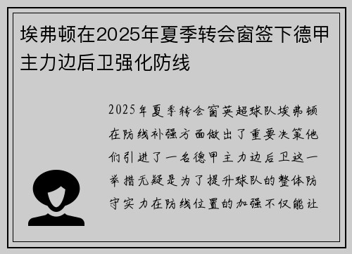 埃弗顿在2025年夏季转会窗签下德甲主力边后卫强化防线