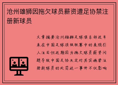 沧州雄狮因拖欠球员薪资遭足协禁注册新球员